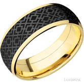 8 mm wide/Domed/14K Yellow Gold band with one 6 mm Centered inlay of Zirconium with a laser carved Trellis 2 pattern